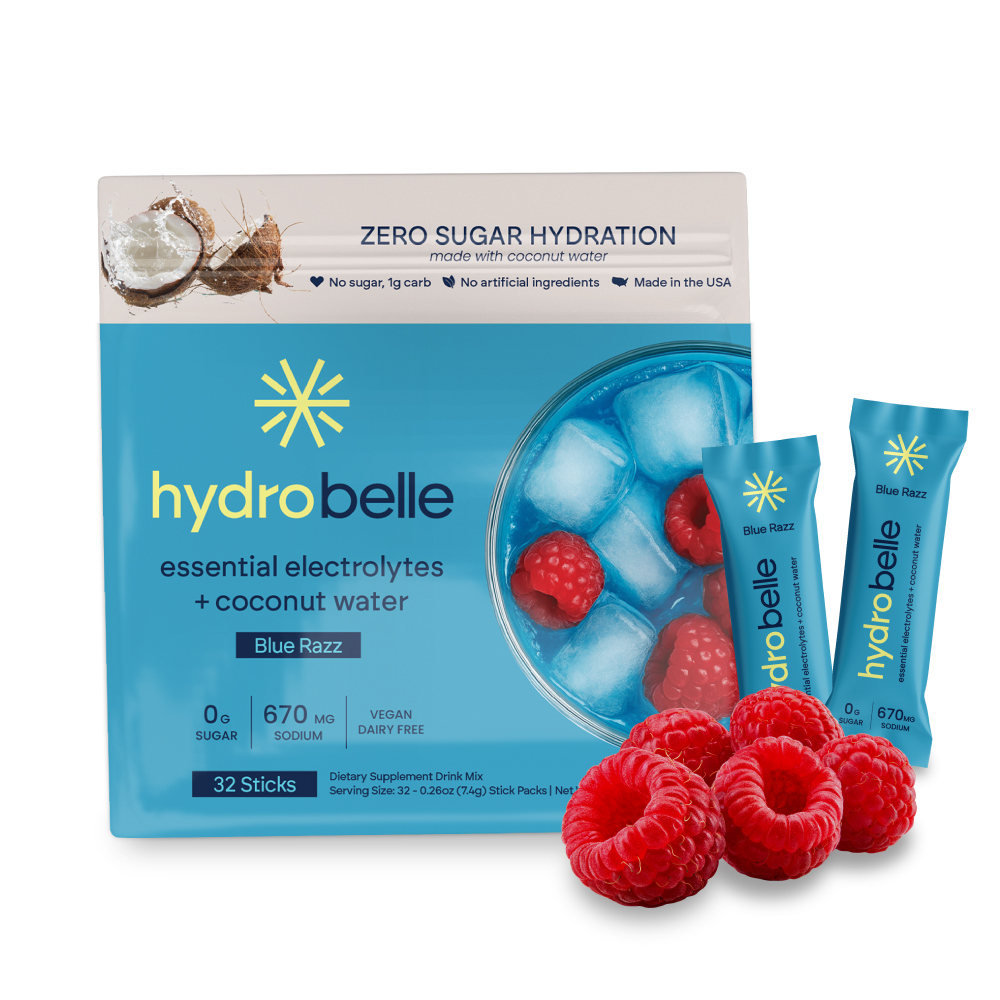 HydroBelle – Blue Razz Electrolyte Sticks | Zero Sugar + Coconut Water (32 Sticks)