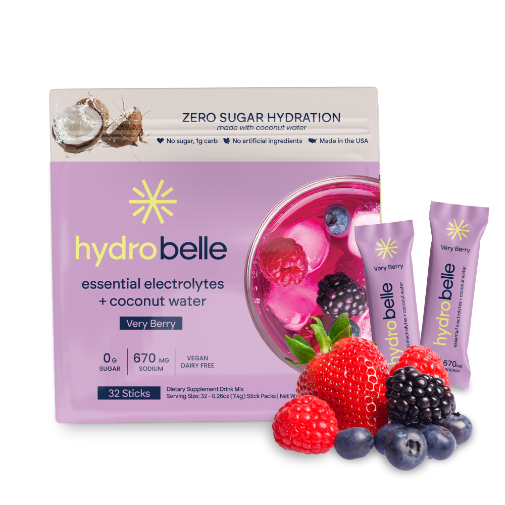 HydroBelle – Very Berry Electrolyte Sticks | Zero Sugar + Coconut Water (32 Sticks)