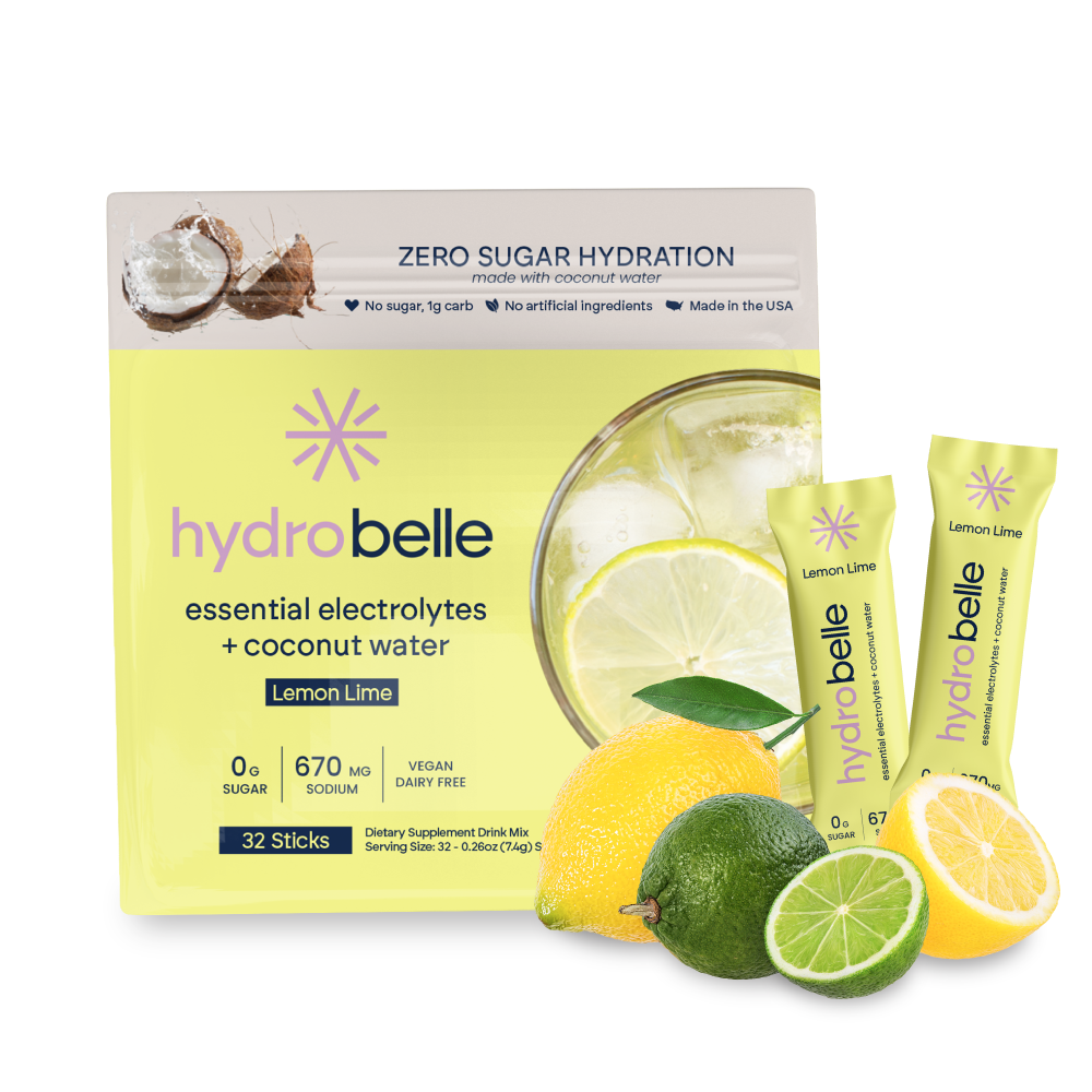 HydroBelle – Lemon Lime Electrolyte Sticks | Zero Sugar + Coconut Water (32 Sticks)